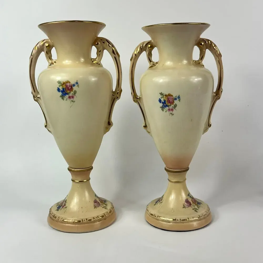 2 Tyndale Porcelain Vases Fine China Double Handle Hand Painted Floral Vintage